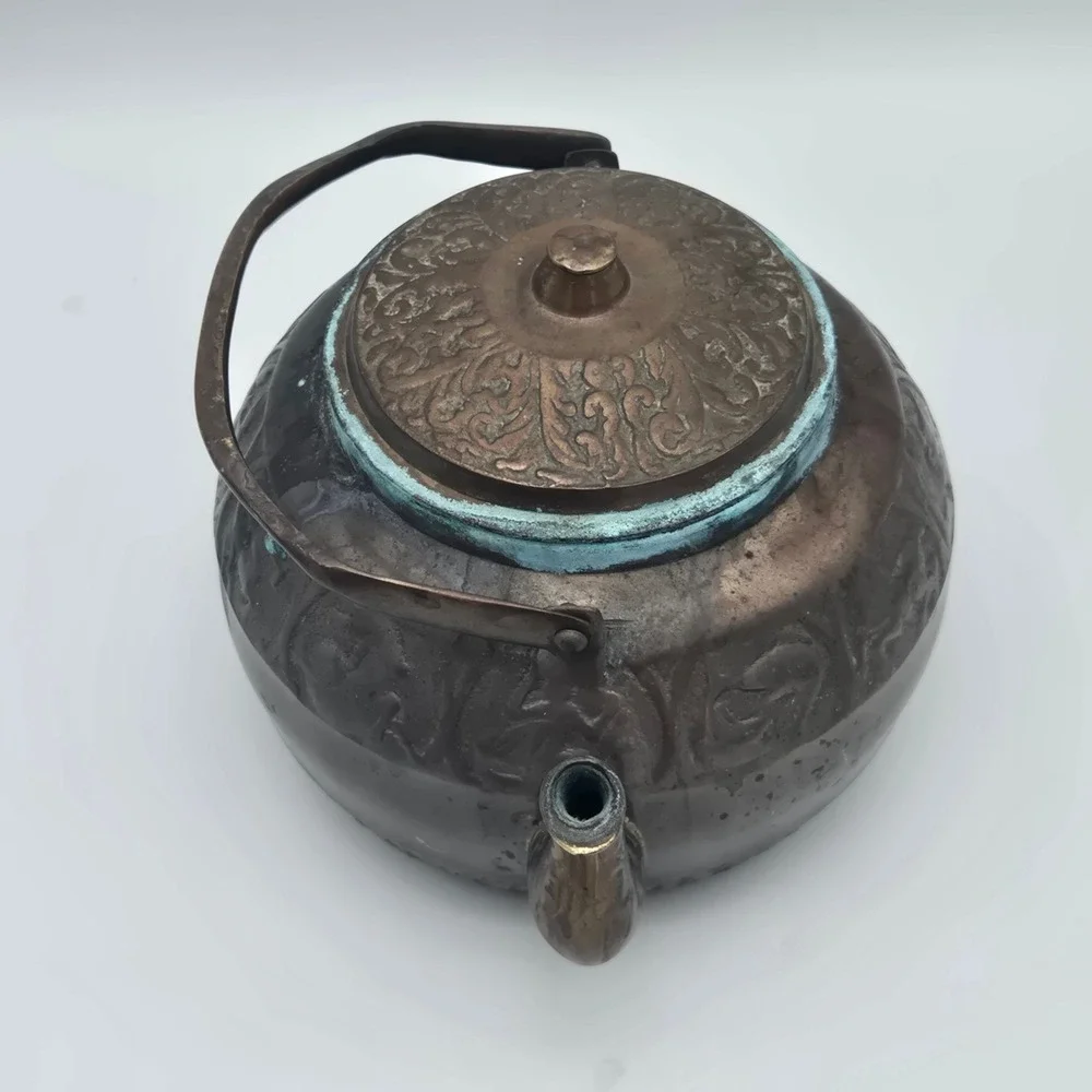 Vintage Chinese Bronze Zodiac Signs Teapot Decorative Embossed Verdigris Patina